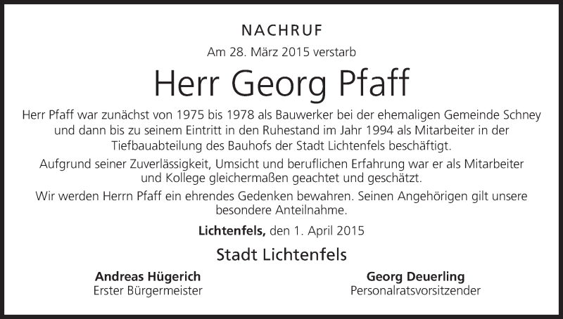  Traueranzeige für Georg Pfaff vom 02.04.2015 aus MGO