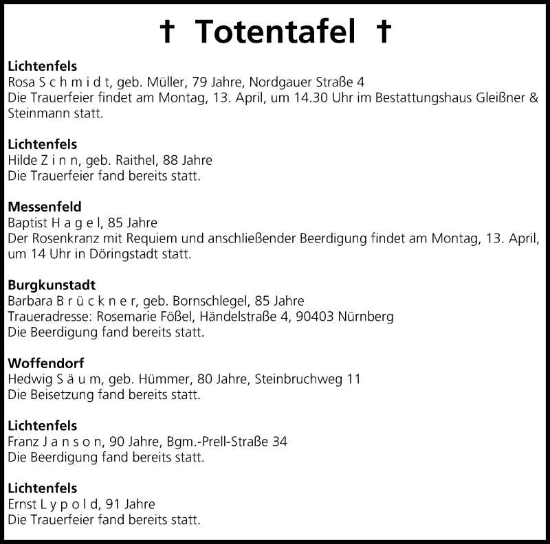 Traueranzeige für Totentafel 11.04.2015 vom 11.04.2015 aus MGO
