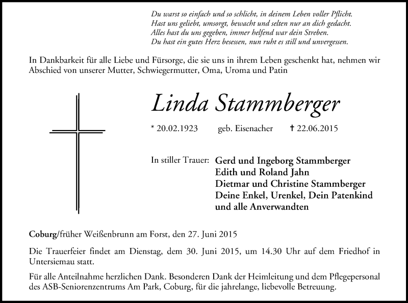  Traueranzeige für Linda Stammberger vom 27.06.2015 aus MGO