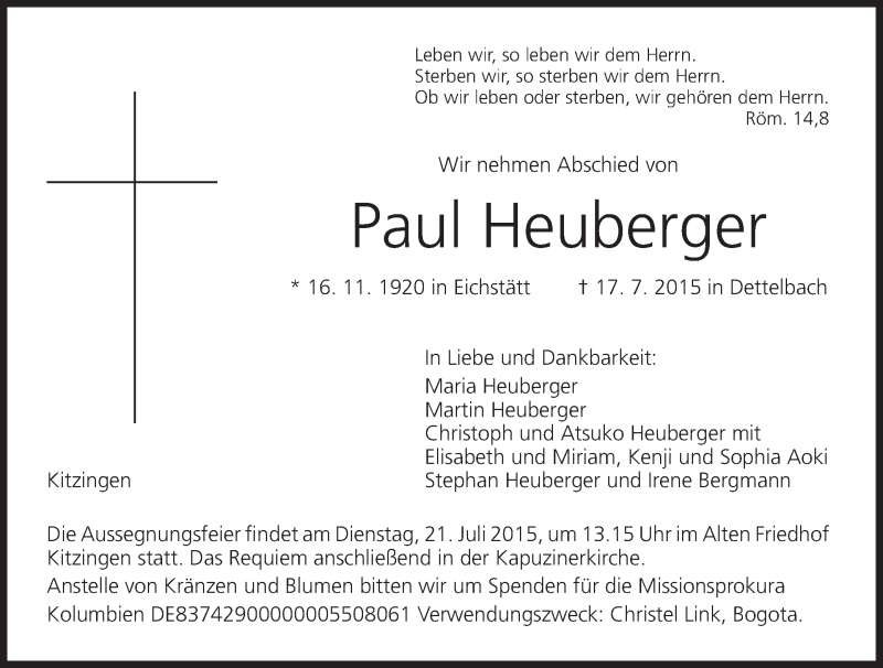  Traueranzeige für Paul Heuberger vom 20.07.2015 aus MGO