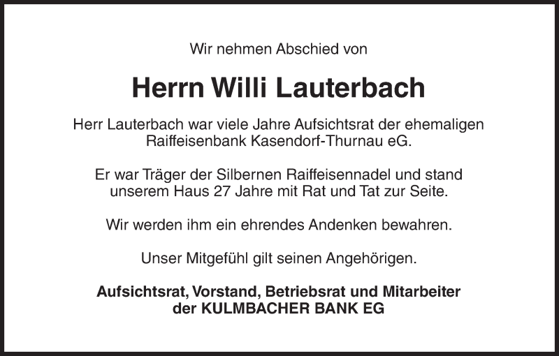  Traueranzeige für Willi Lauterbach vom 10.02.2015 aus MGO