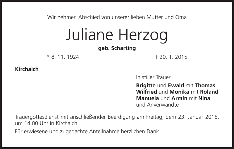  Traueranzeige für Juliane Herzog vom 22.01.2015 aus MGO