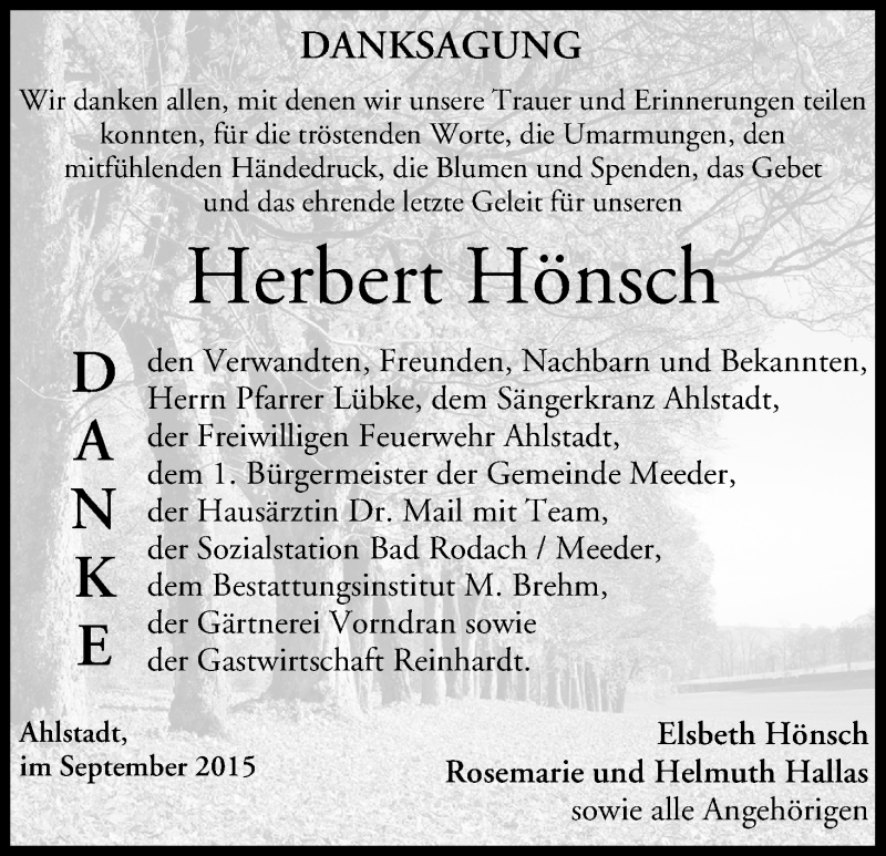 Traueranzeige für Herbert Hönsch vom 08.09.2015 aus MGO