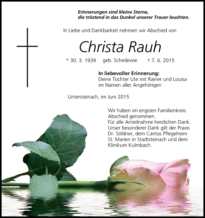  Traueranzeige für Christa Rauh vom 10.06.2015 aus MGO