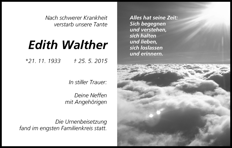  Traueranzeige für Edith Walther vom 06.06.2015 aus MGO