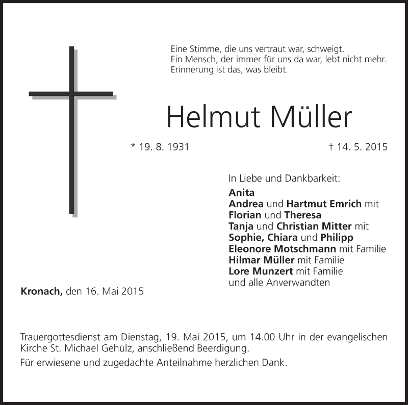  Traueranzeige für Helmut Müller vom 16.05.2015 aus MGO