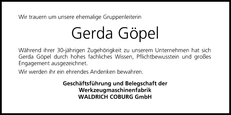  Traueranzeige für Gerda Göpel vom 26.02.2015 aus MGO
