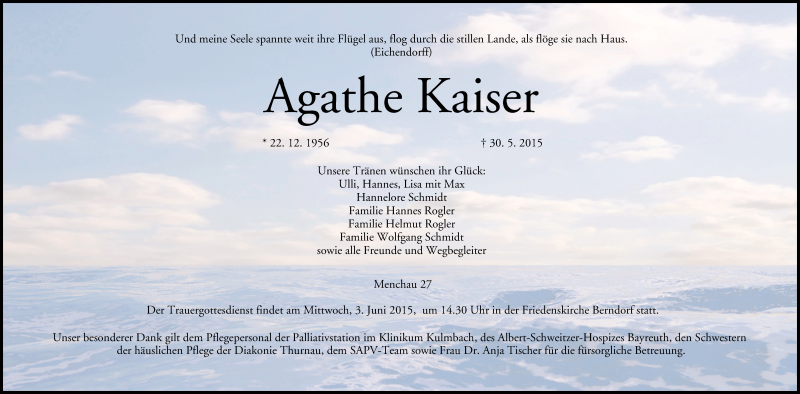  Traueranzeige für Agathe Kaiser vom 01.06.2015 aus MGO