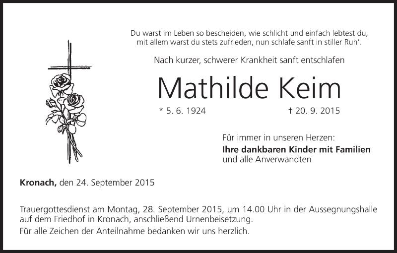  Traueranzeige für Mathilde Keim vom 24.09.2015 aus MGO