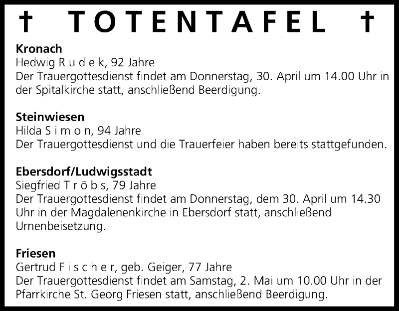  Traueranzeige für Totentafel vom 30.04.2015 vom 30.04.2015 aus MGO
