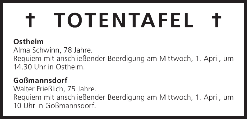  Traueranzeige für Totentafel 31.03.2015 vom 31.03.2015 aus MGO