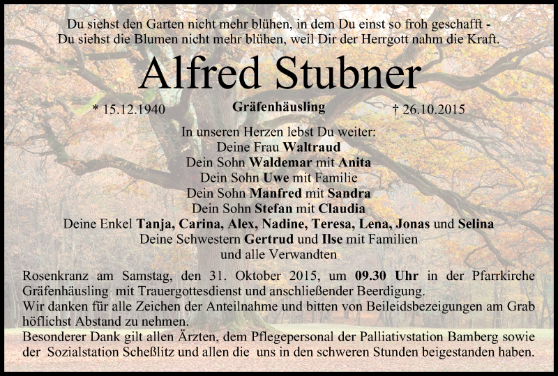  Traueranzeige für Alfred Stubner vom 29.10.2015 aus MGO