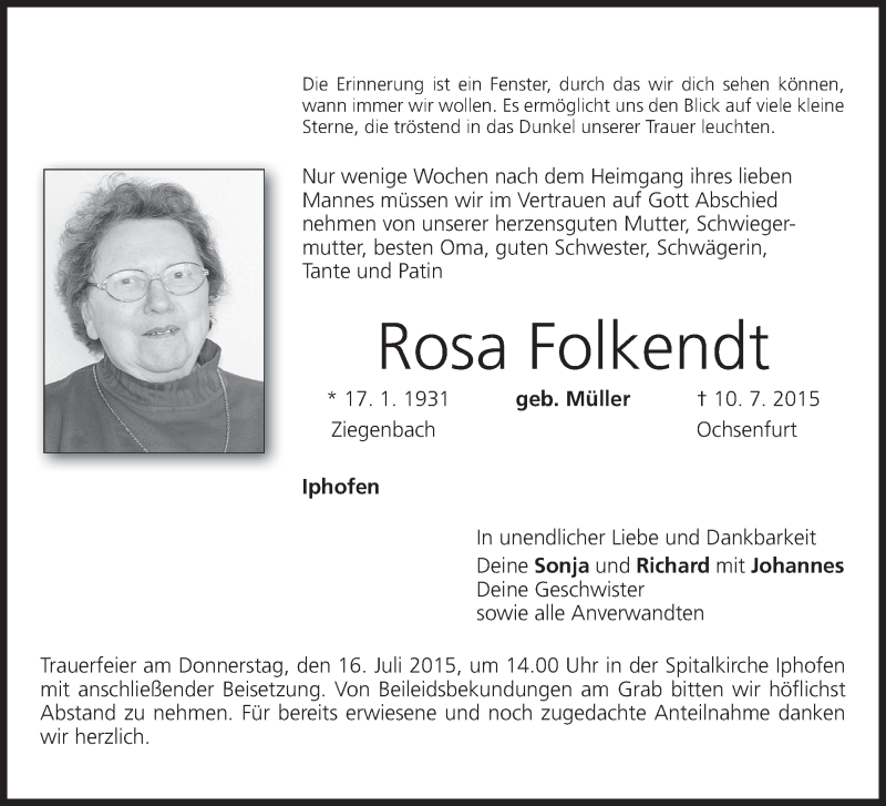  Traueranzeige für Rosa Folkendt vom 14.07.2015 aus MGO