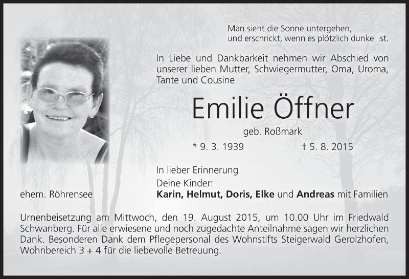 Traueranzeige für Emilie Öffner vom 14.08.2015 aus MGO