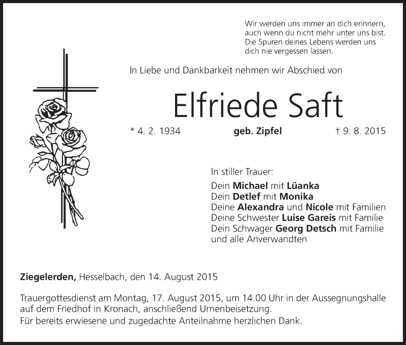  Traueranzeige für Elfriede Saft vom 14.08.2015 aus MGO