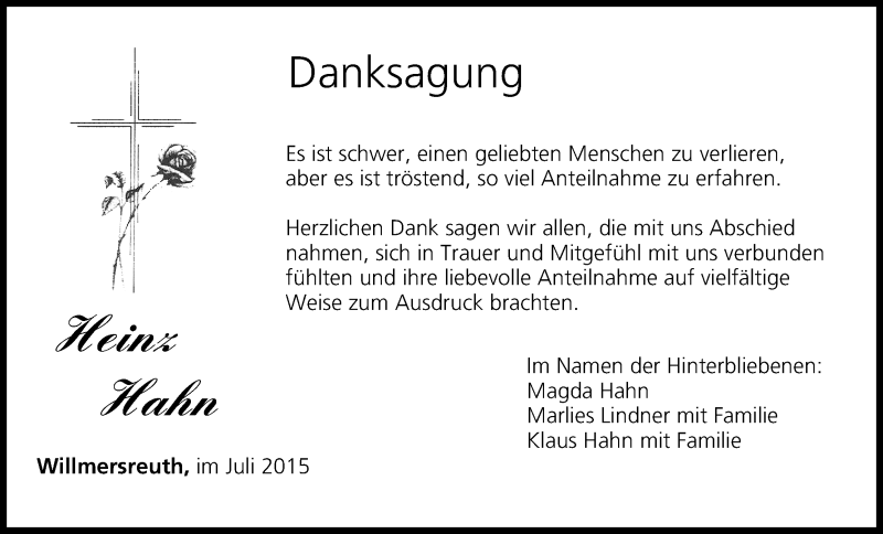  Traueranzeige für Heinz Hahn vom 18.07.2015 aus MGO