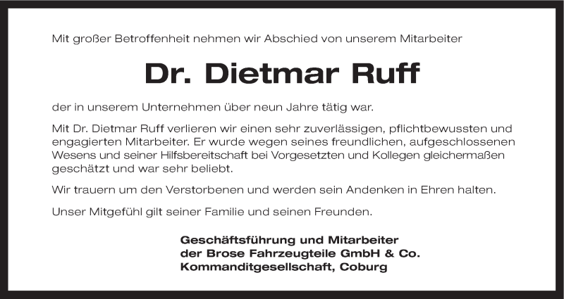  Traueranzeige für Dietmar Ruff vom 19.08.2015 aus MGO