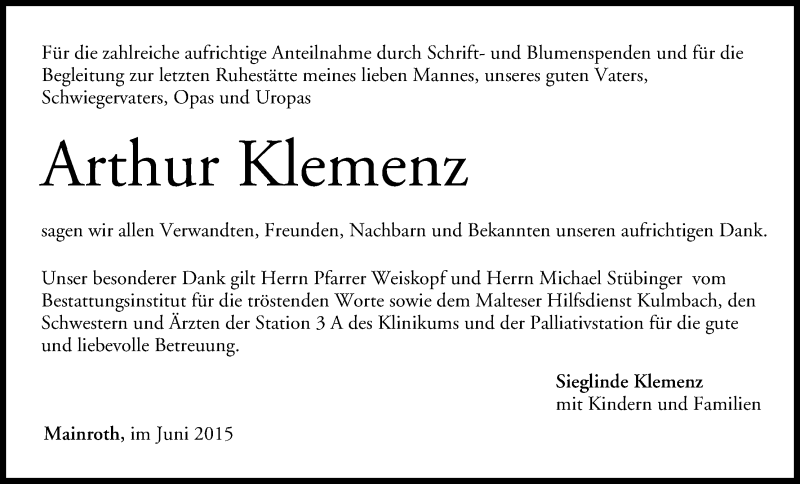  Traueranzeige für Arthur Klemenz vom 03.06.2015 aus MGO
