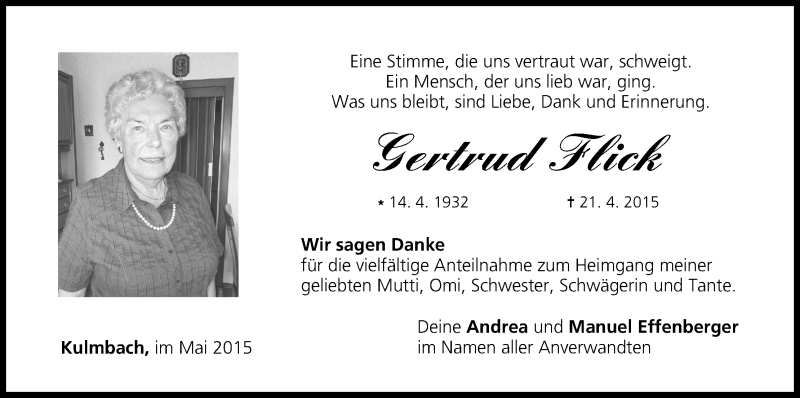  Traueranzeige für Gertrud Flick vom 16.05.2015 aus MGO
