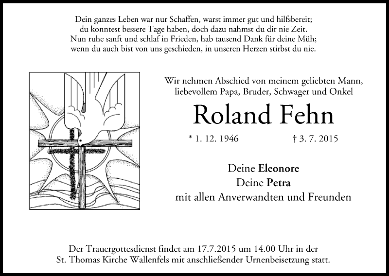  Traueranzeige für Roland Fehn vom 15.07.2015 aus MGO