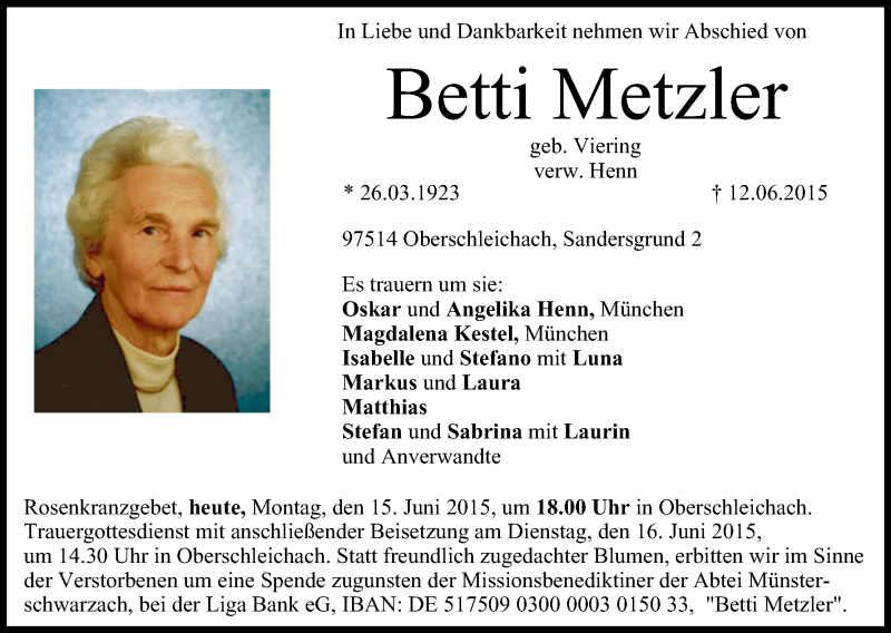  Traueranzeige für Betti Metzler vom 15.06.2015 aus MGO