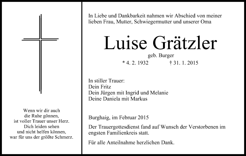 Traueranzeige für Luise Grätzler vom 04.02.2015 aus MGO