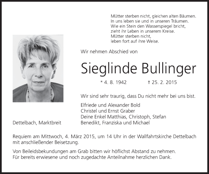  Traueranzeige für Sieglinde Bullinger vom 28.02.2015 aus MGO