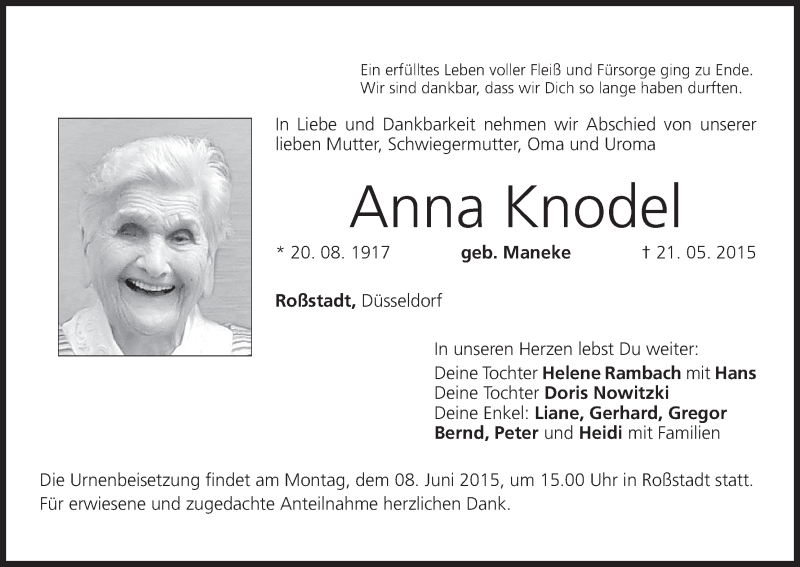  Traueranzeige für Anna Knodel vom 04.06.2015 aus MGO