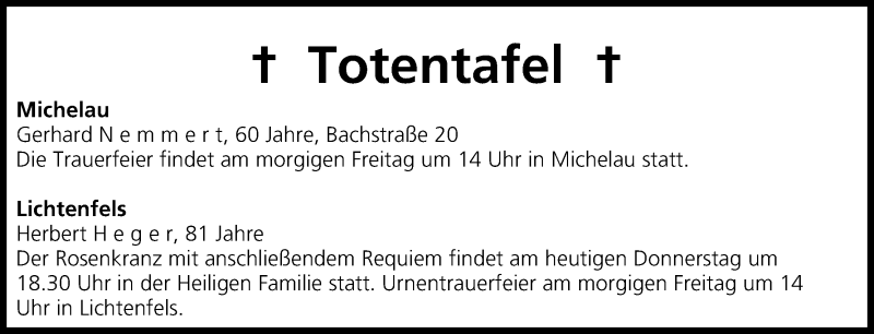  Traueranzeige für Totentafel vom 12.02.2015 vom 12.02.2015 aus MGO