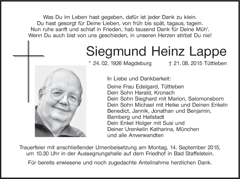  Traueranzeige für Siegmund Heinz Lappe vom 05.09.2015 aus MGO