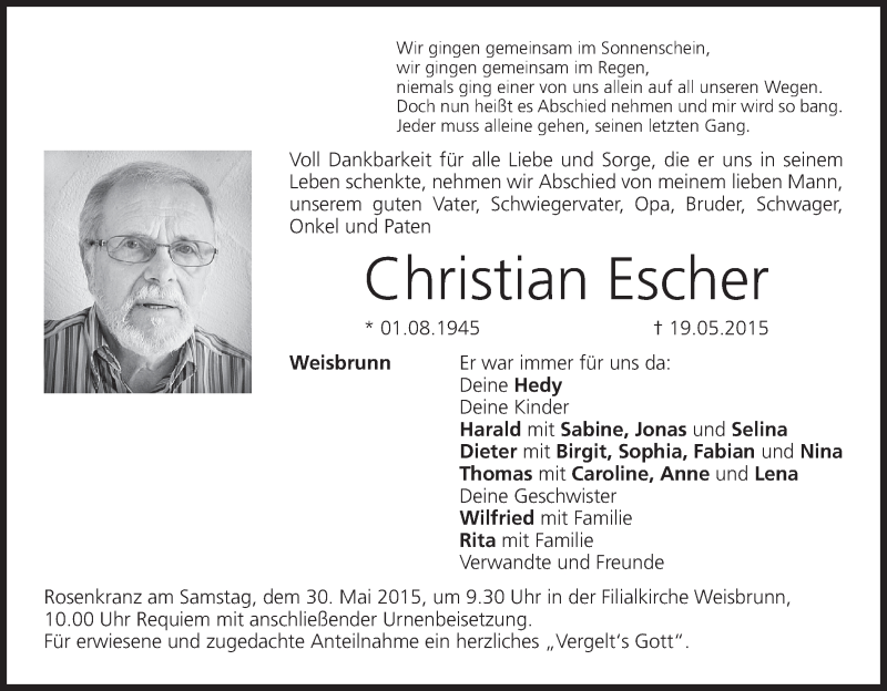  Traueranzeige für Christian Escher vom 27.05.2015 aus MGO