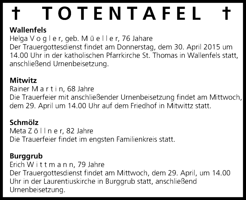  Traueranzeige für Totentafel vom 28.04.2015 vom 28.04.2015 aus MGO