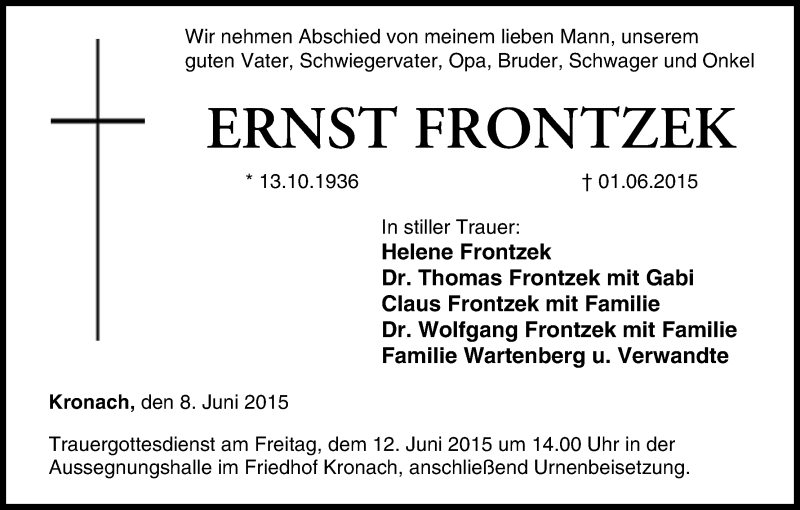 Traueranzeige für Ernst Frontzek vom 08.06.2015 aus MGO
