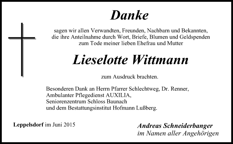  Traueranzeige für Lieselotte Wittmann vom 20.06.2015 aus MGO