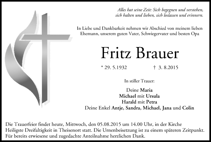  Traueranzeige für Fritz Brauer vom 05.08.2015 aus MGO