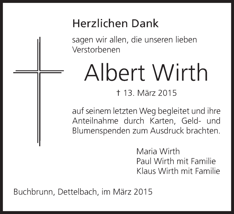  Traueranzeige für Albert Wirth vom 04.04.2015 aus MGO