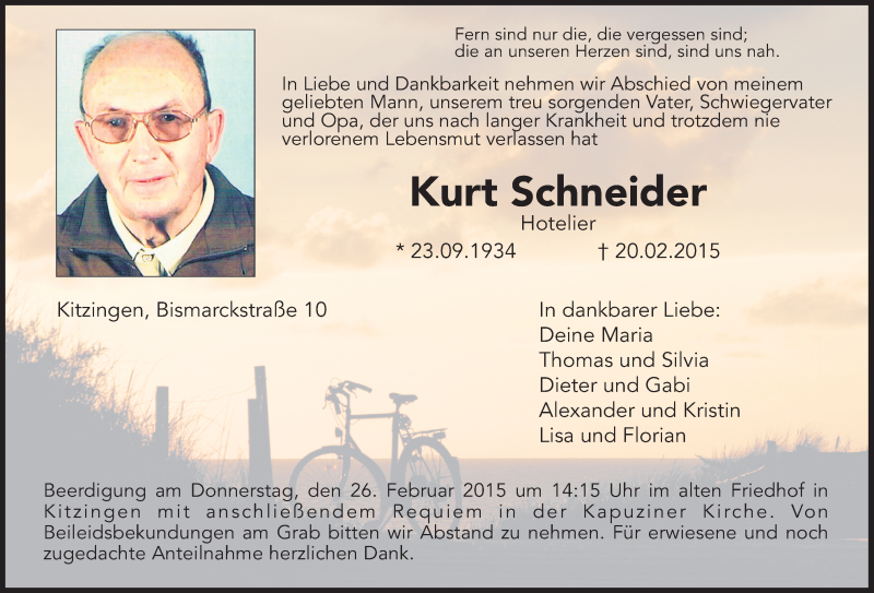  Traueranzeige für Kurt Schneider vom 24.02.2015 aus MGO
