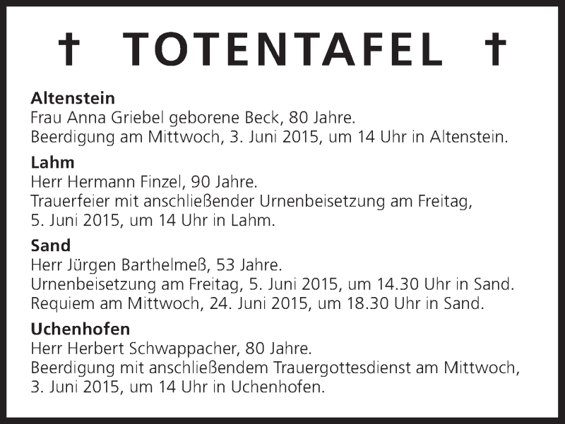  Traueranzeige für Totentafel vom 03.06.2015 vom 03.06.2015 aus MGO