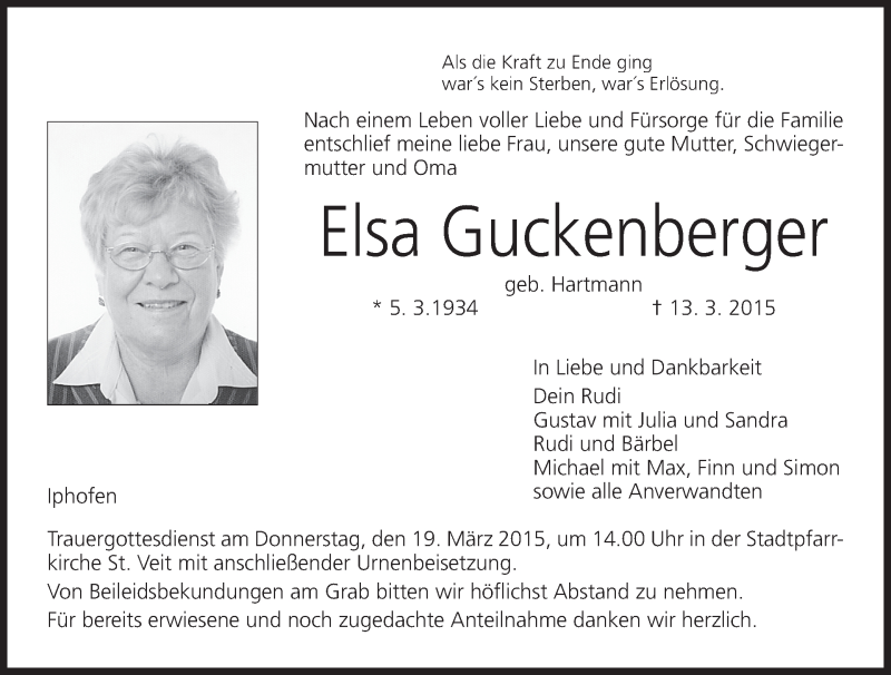  Traueranzeige für Elsa Guckenberger vom 16.03.2015 aus MGO
