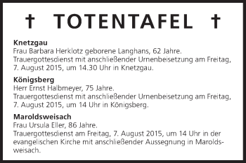 Anzeige von Totentafel vom 06.08.2015 von MGO