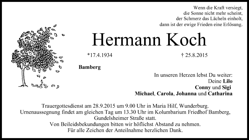  Traueranzeige für Hermann Koch vom 26.09.2015 aus MGO