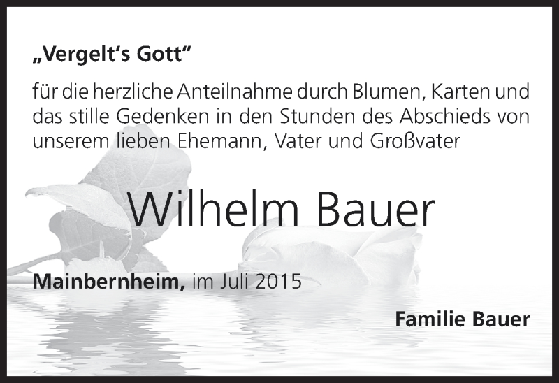  Traueranzeige für Wilhelm Bauer vom 15.07.2015 aus MGO