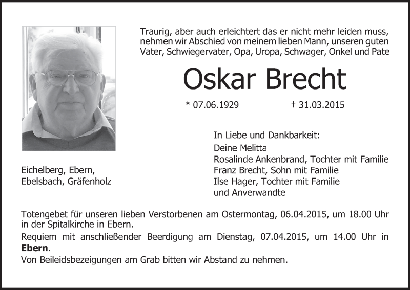  Traueranzeige für Oskar Brecht vom 04.04.2015 aus MGO