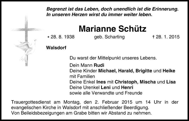  Traueranzeige für Marianne Schütz vom 31.01.2015 aus MGO