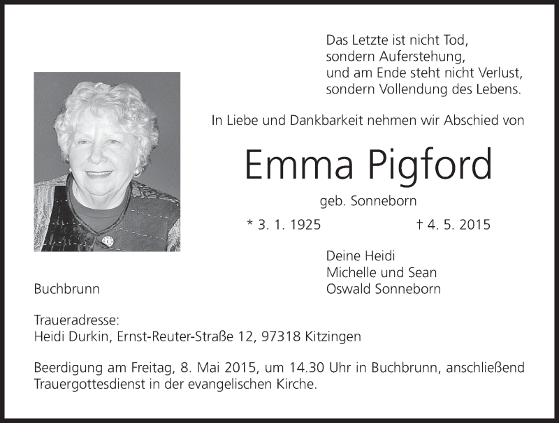  Traueranzeige für Emma Pigford vom 05.05.2015 aus MGO