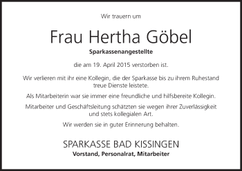 Anzeige von Hertha Göbel von MGO