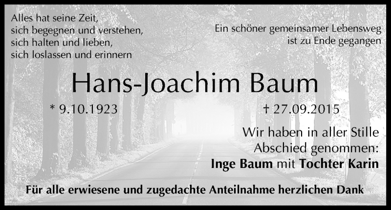  Traueranzeige für Hans-Joachim Baum vom 21.11.2015 aus MGO