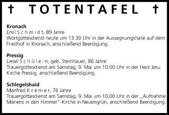 Anzeige von Totentafel 08.05.2015 von Mediengruppe Oberfranken
