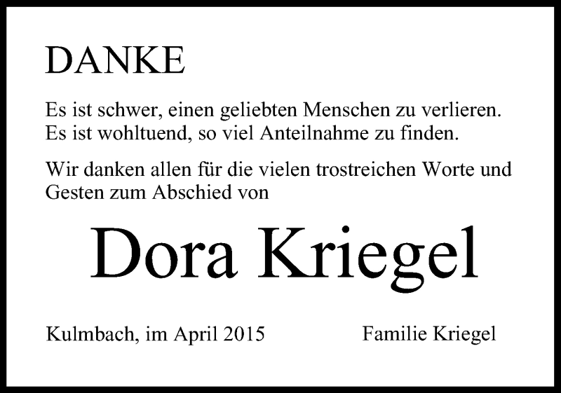  Traueranzeige für Dora Kriegel vom 04.05.2015 aus MGO