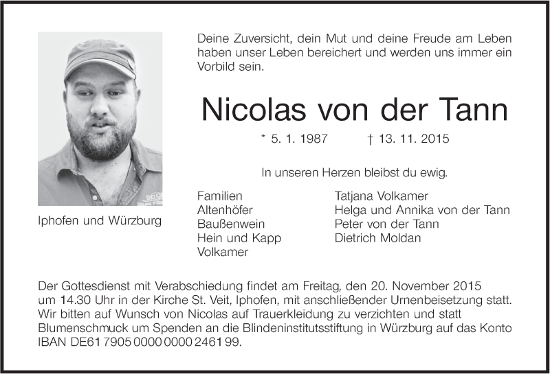  Traueranzeige für Nicolas von der Tann vom 18.11.2015 aus MGO